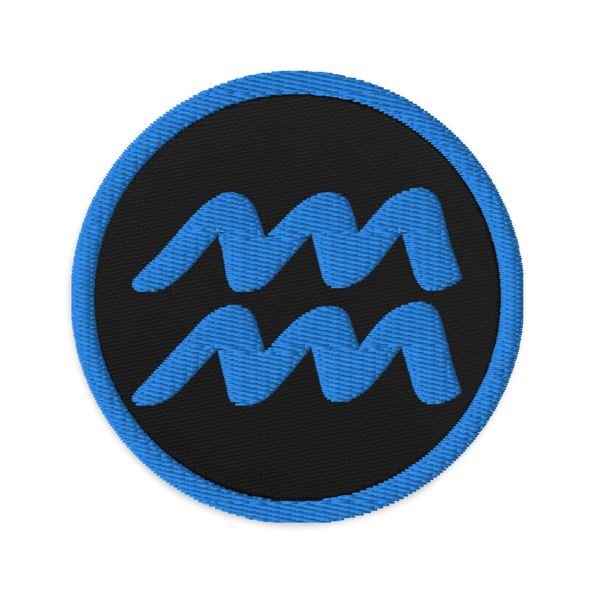 Circular embroidered patch featuring Blue Zodiac Sign Aquarius, front view