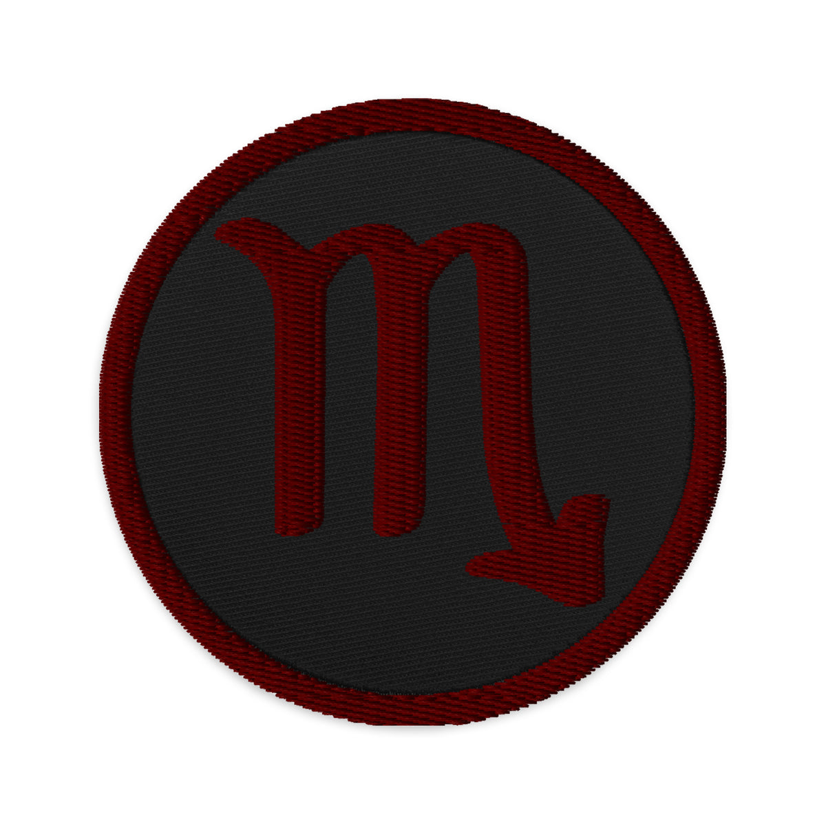 Circular embroidered patch featuring Red Zodiac Sign Scorpio, front view