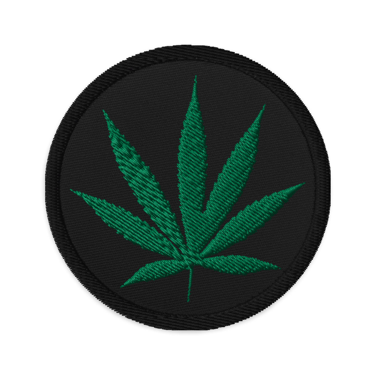 Circular embroidered patch featuring Pot Leaf Marijuana, front view