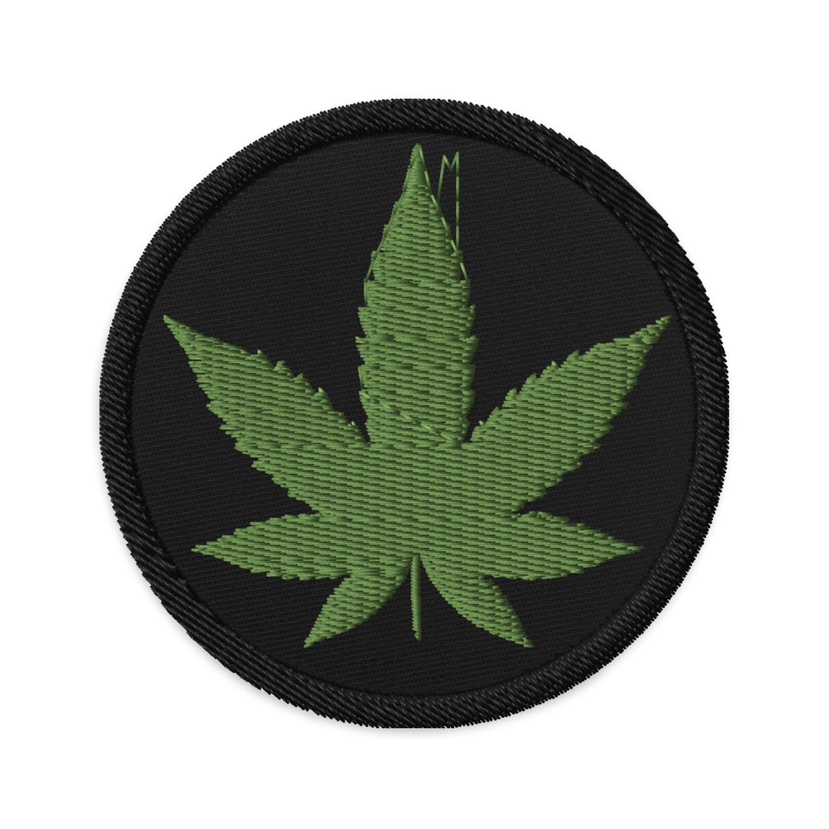 Circular embroidered patch featuring Marijuana Leaf Cannabis Plant, front view