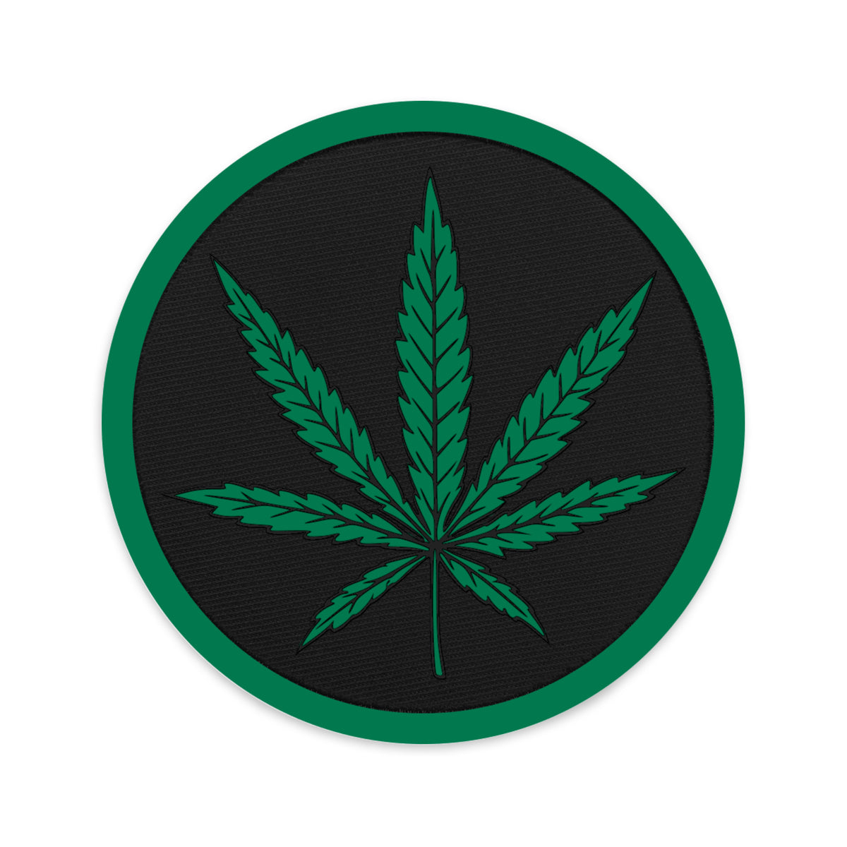 Circular embroidered patch featuring Cannabis Pot Leaf Marijuana, front view
