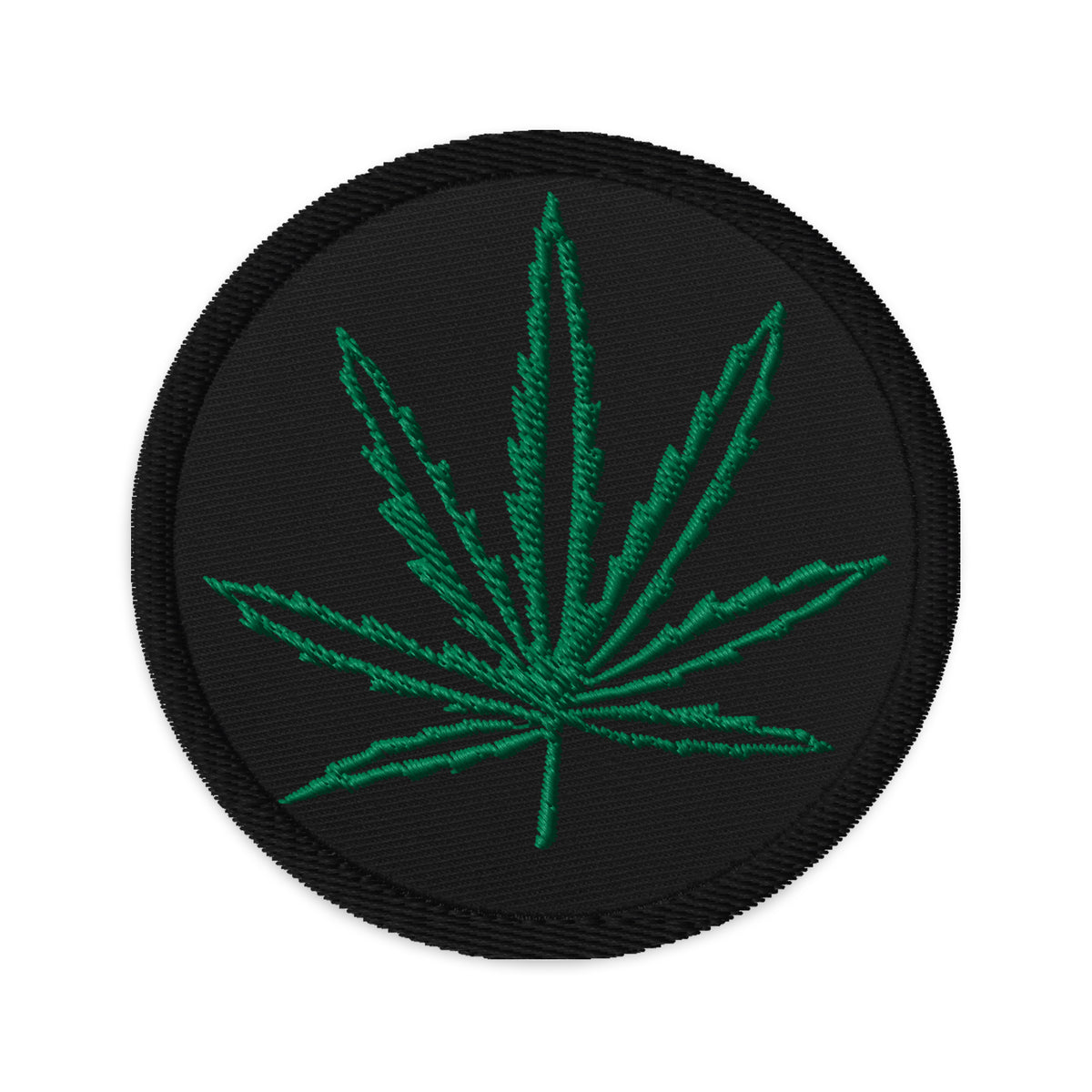 Circular embroidered patch featuring Legalize Marijuana Cannabis Pot Leaf, front view