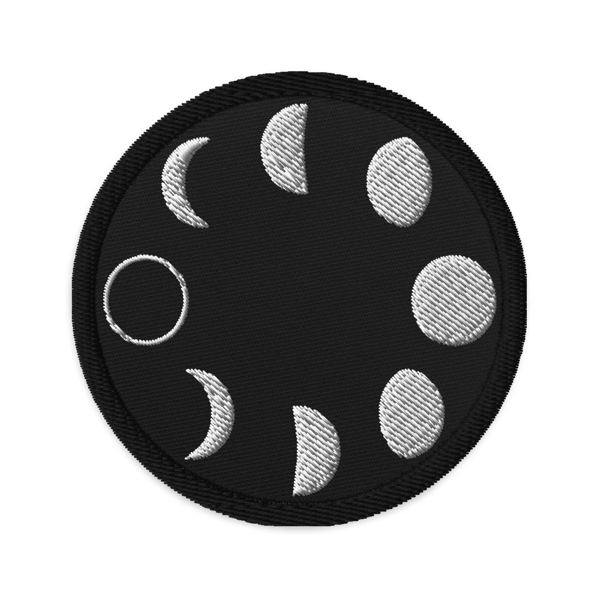 Circular embroidered patch featuring Lunar Moon Phases, front view