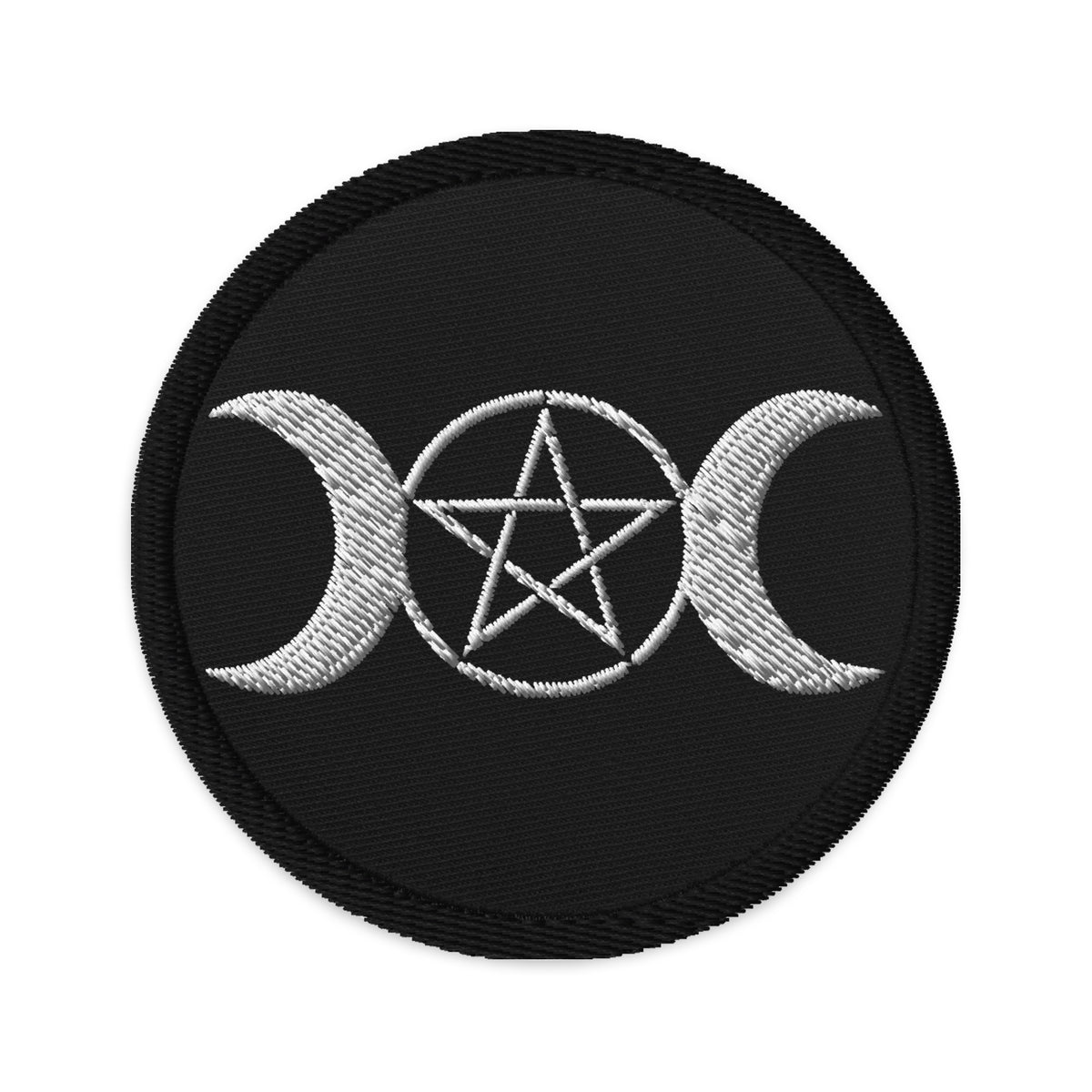 Circular embroidered patch featuring Pagan Triple Moon Goddess Symbol, front view