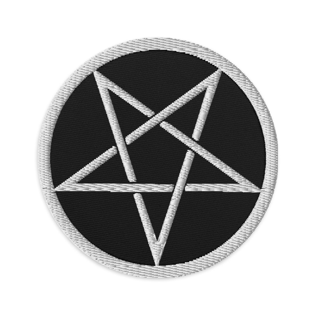 Circular embroidered patch featuring Woven Inverted Pentagram Symbol, front view