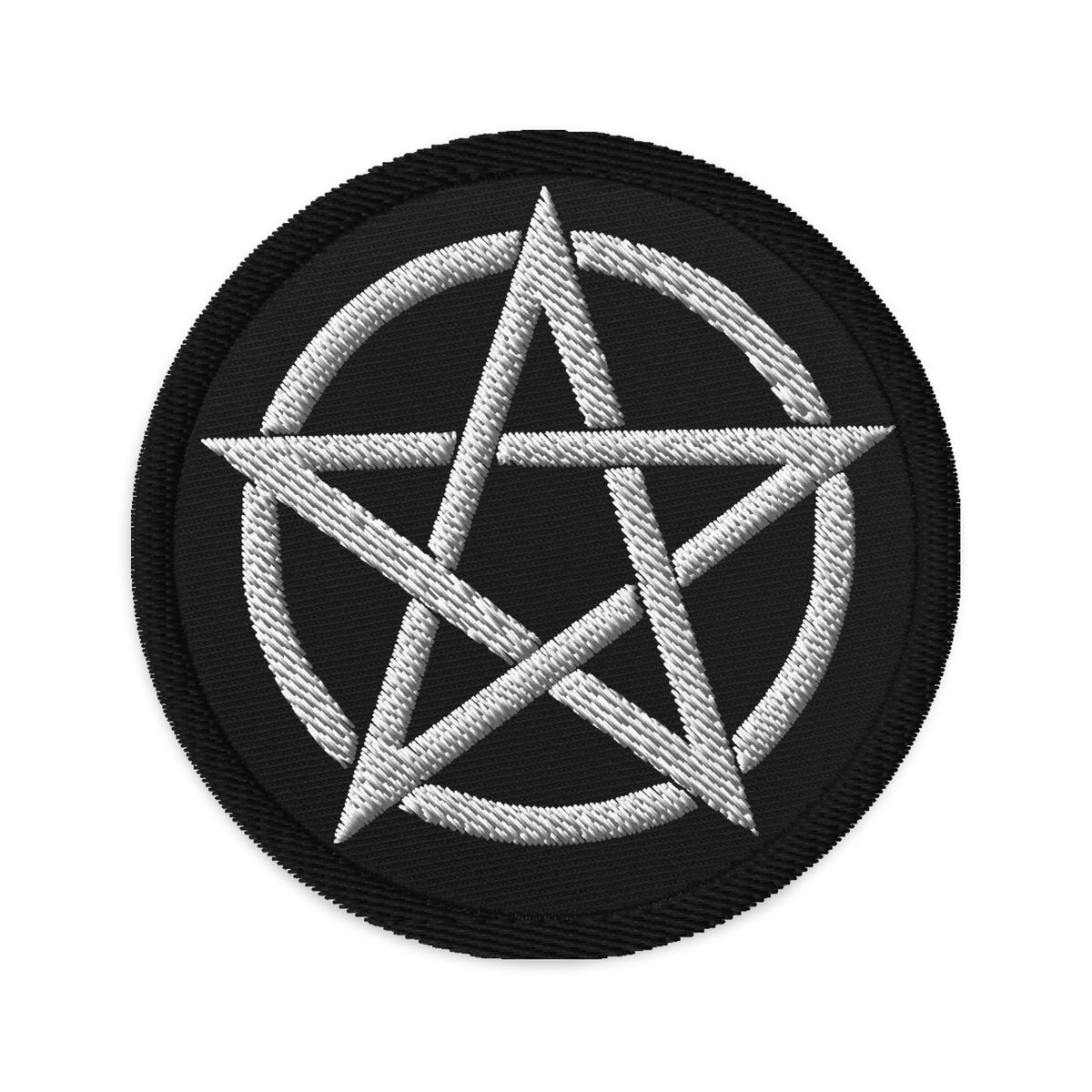 Circular embroidered patch featuring Witchcraft Woven Pentacle Pagan Ritual, front view