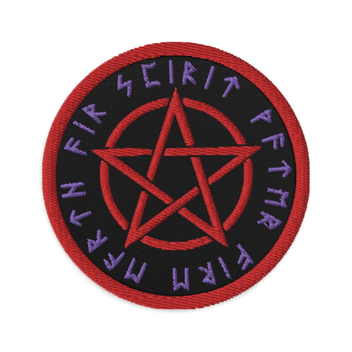 Circular embroidered patch featuring Rune Script Wiccan Ritual Pentagram, front view