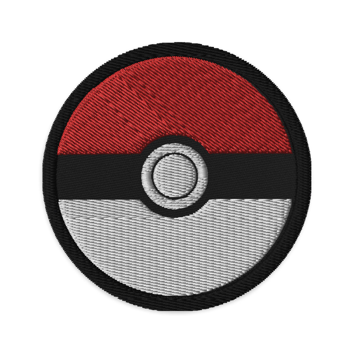 Circular embroidered patch featuring Poké Ball, front view