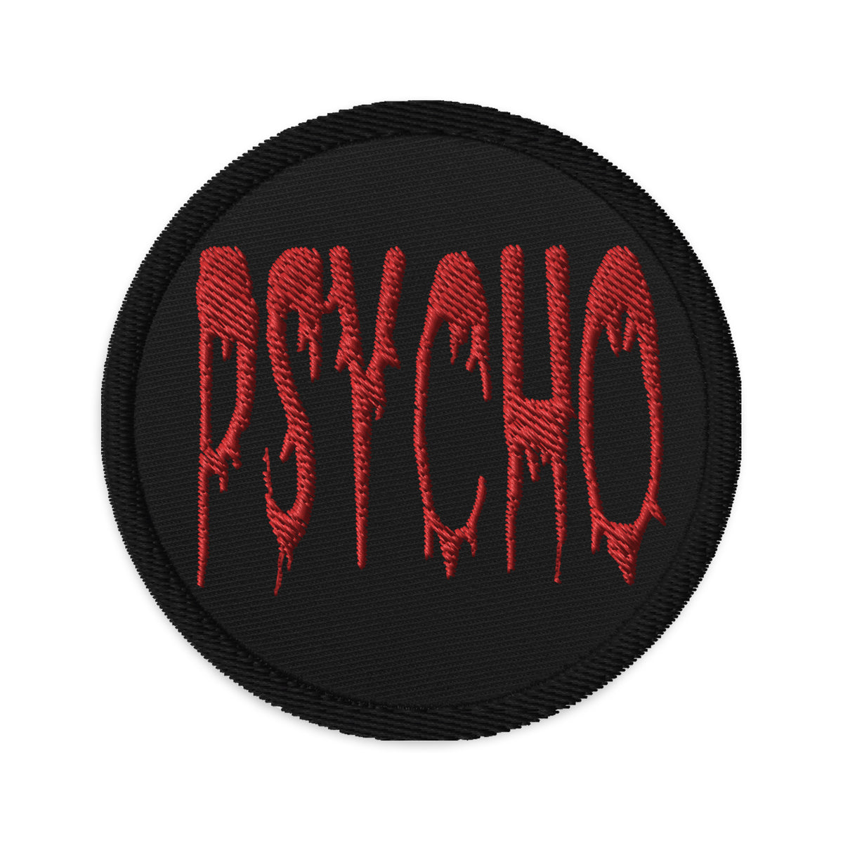 Circular embroidered patch featuring Psycho Horror Red Blood Drip, front view