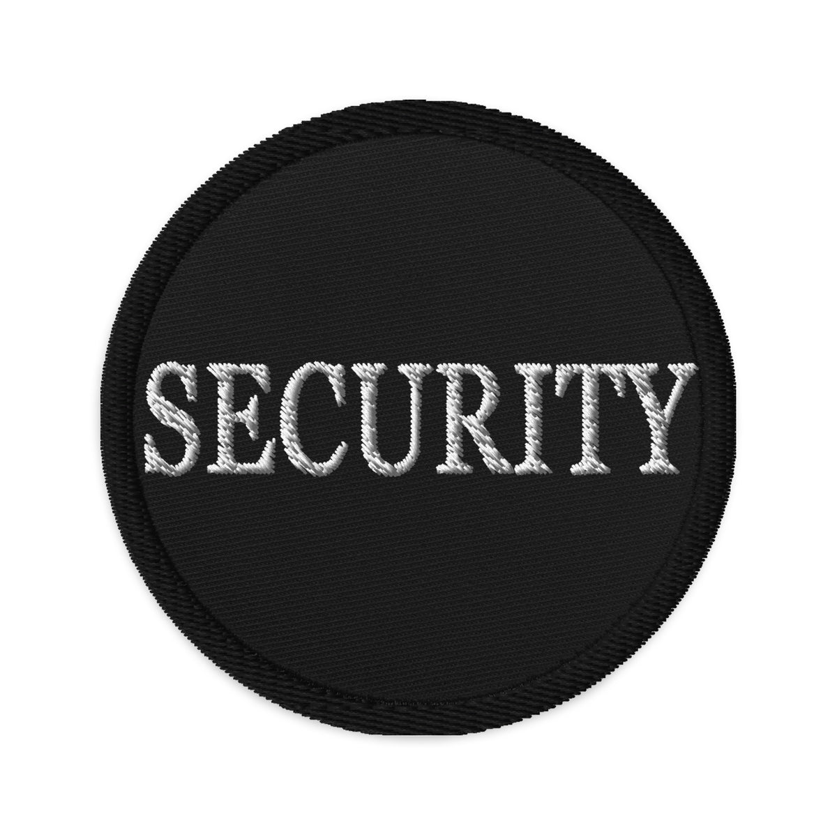 Circular embroidered patch featuring Security, front view