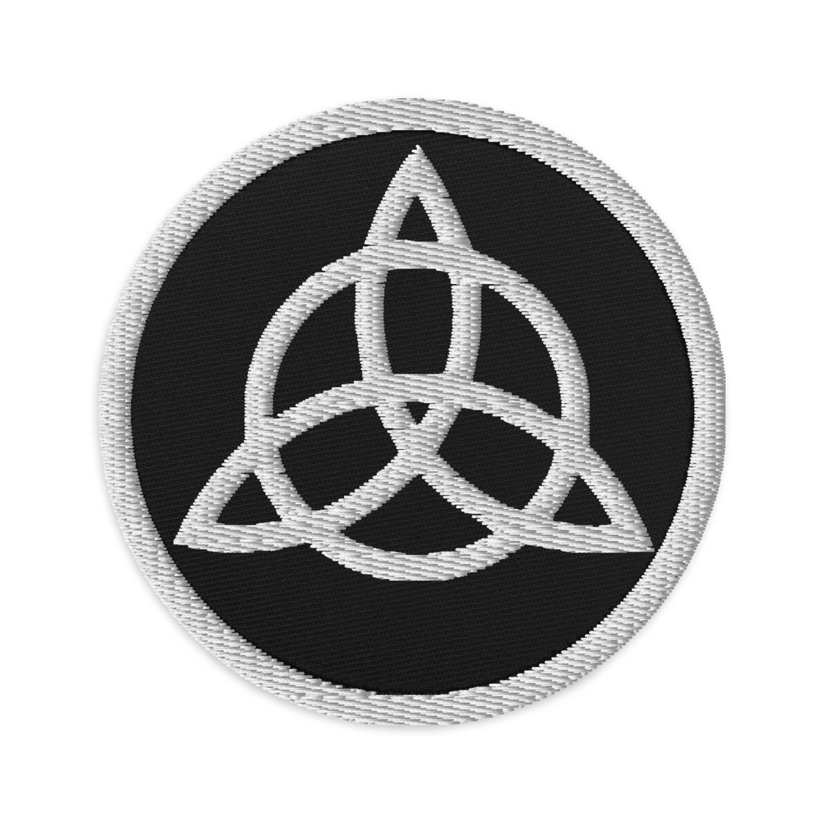 Circular embroidered patch featuring Viking Symbol Triquetra Knot, front view