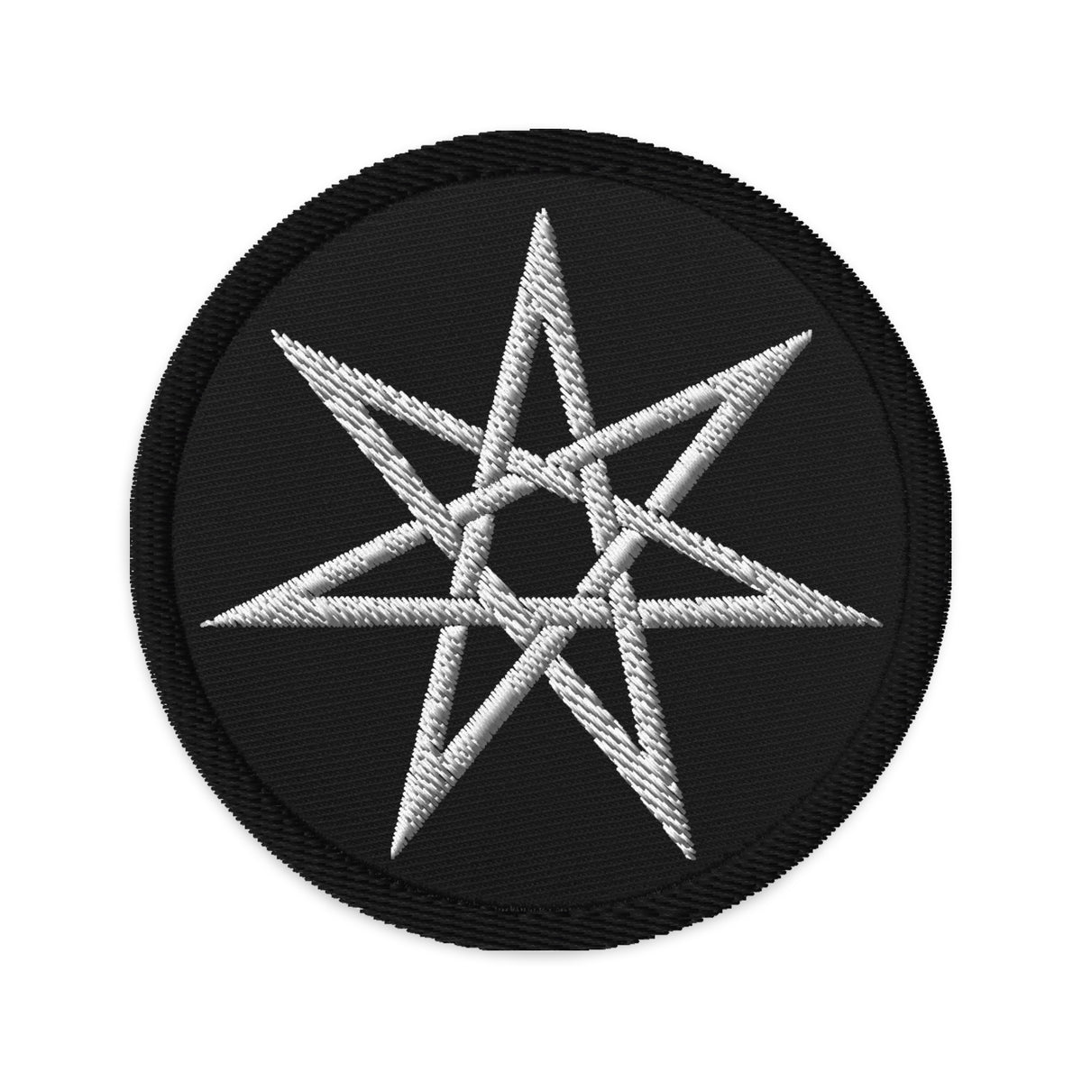 Circular embroidered patch featuring Elven Star, front view