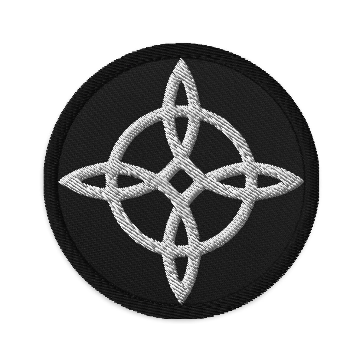 Circular embroidered patch featuring The Witches Knot, front view