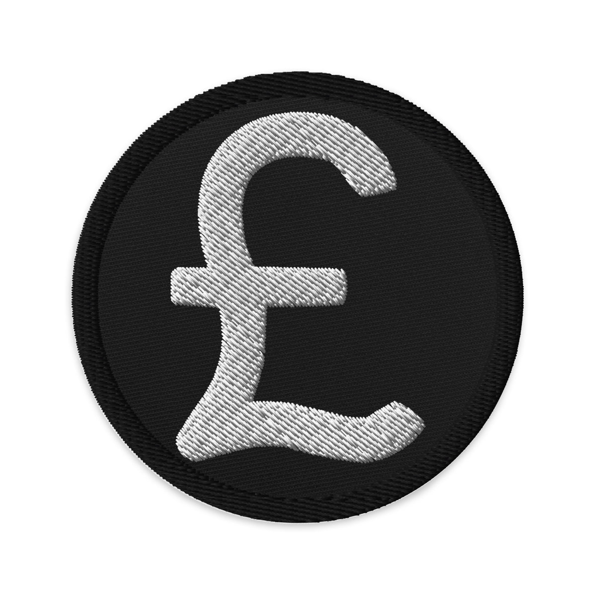 Circular embroidered patch featuring The British Pound Sterling Symbol Money Currency, front view