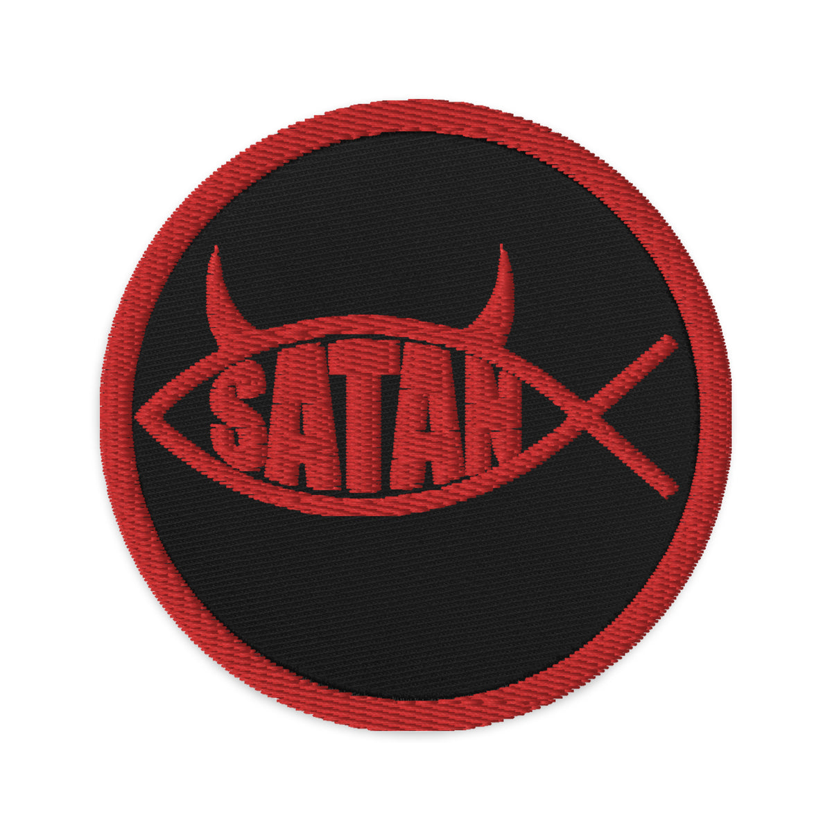 Circular embroidered patch featuring Satan Fish with Horns Religious Satire, front view