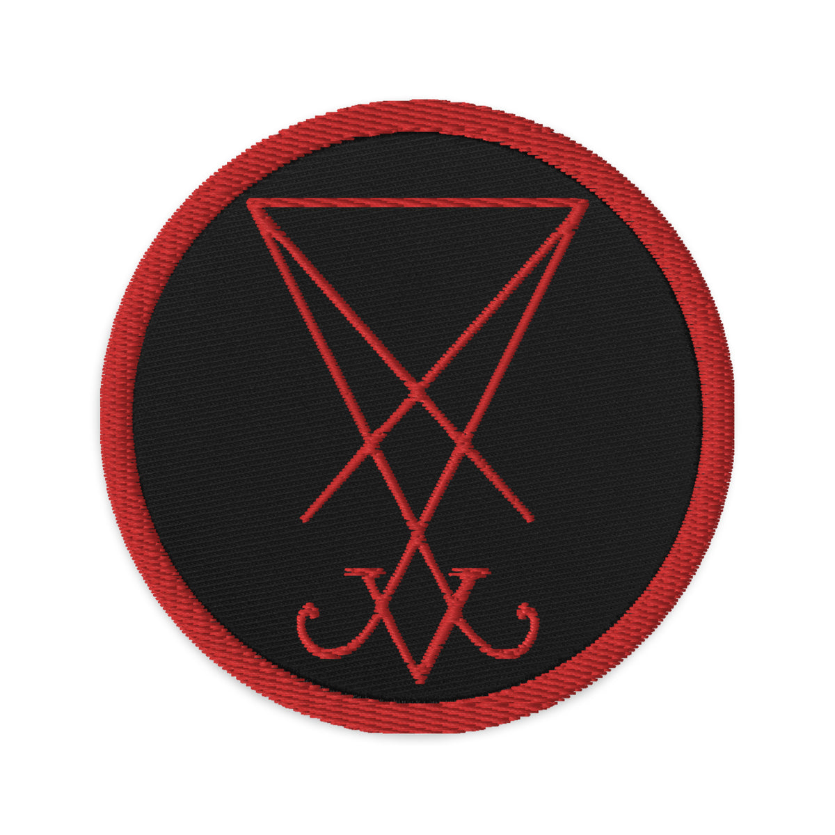 Circular embroidered patch featuring Red Thread Sigil of Lucifer Symbol The Seal of Satan, front view
