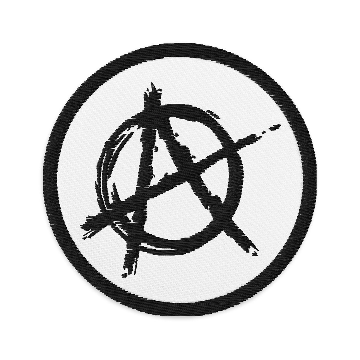 Circular embroidered patch featuring Black Anarchy Sign Punk Chaos and Rock n' Roll, front view