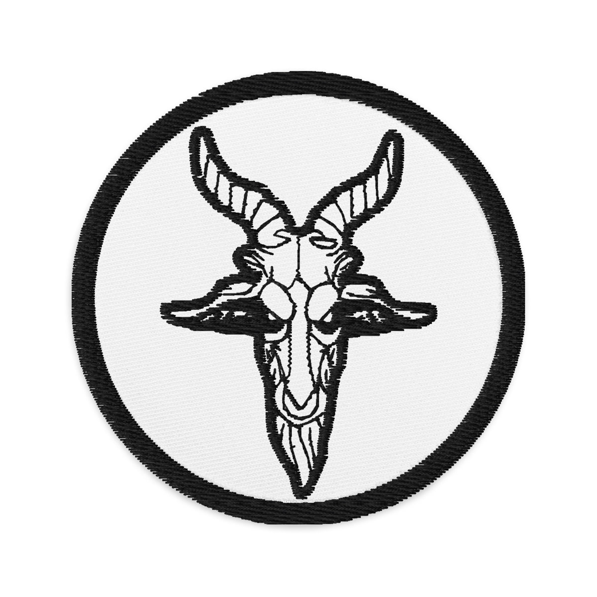 Circular embroidered patch featuring Evil Goat Head Baphomet, front view