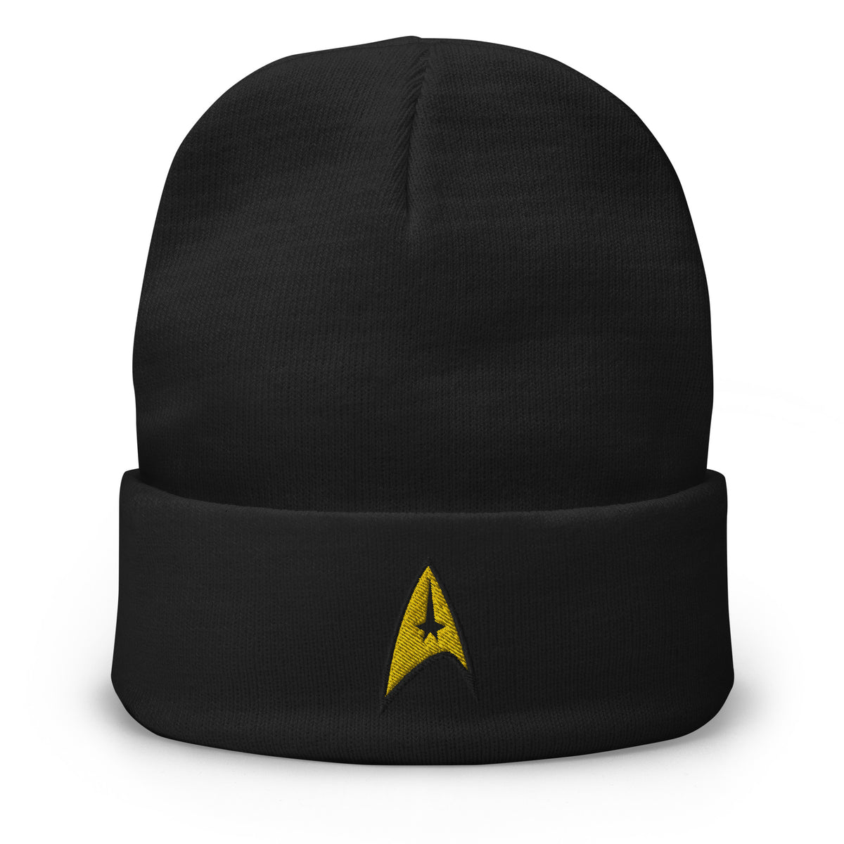 Black cuffed beanie with The Delta Insignia Starfleet Badge embroidered artwork, front view