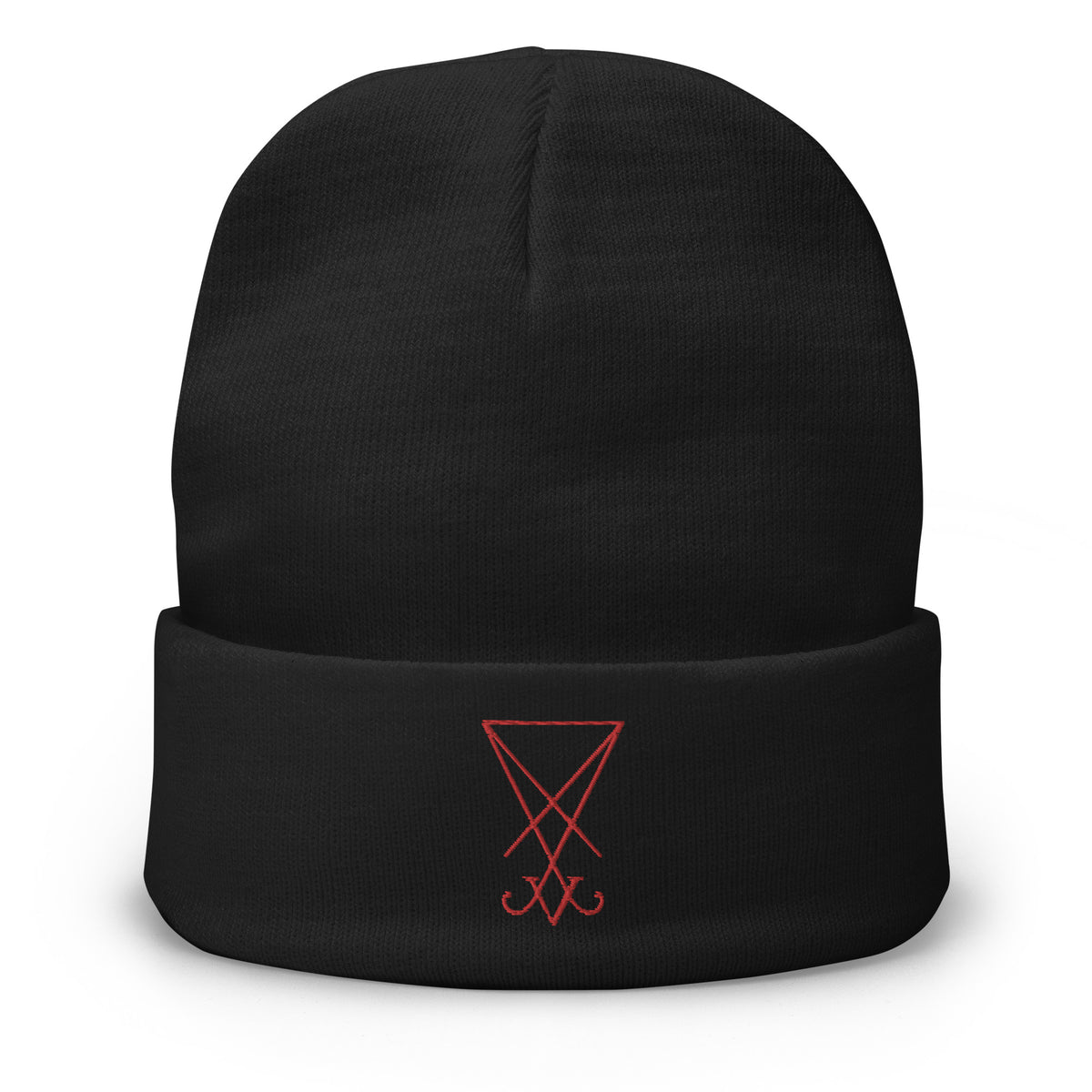 Black cuffed beanie with Red Thread Sigil of Lucifer The Seal of Satan embroidered artwork, front view