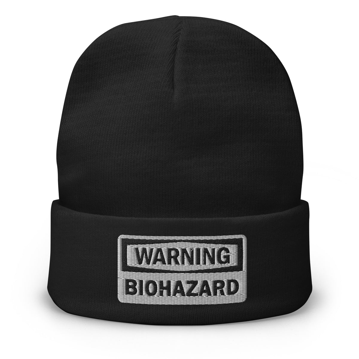 Black cuffed beanie with Warning Sign Bio Hazard Zombie Apocalypse embroidered artwork, front view