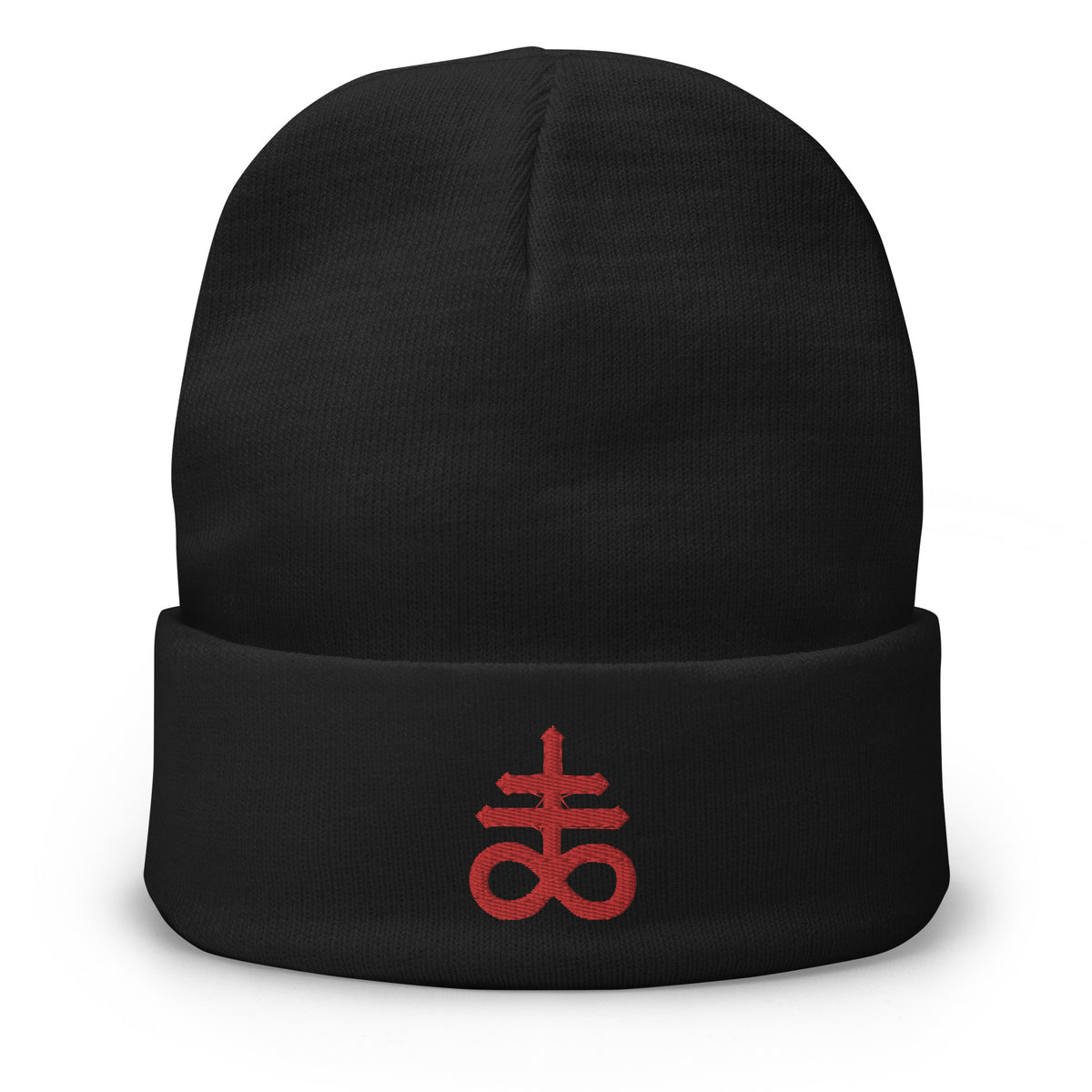 Black cuffed beanie with The Leviathan Cross of Satan embroidered artwork, front view