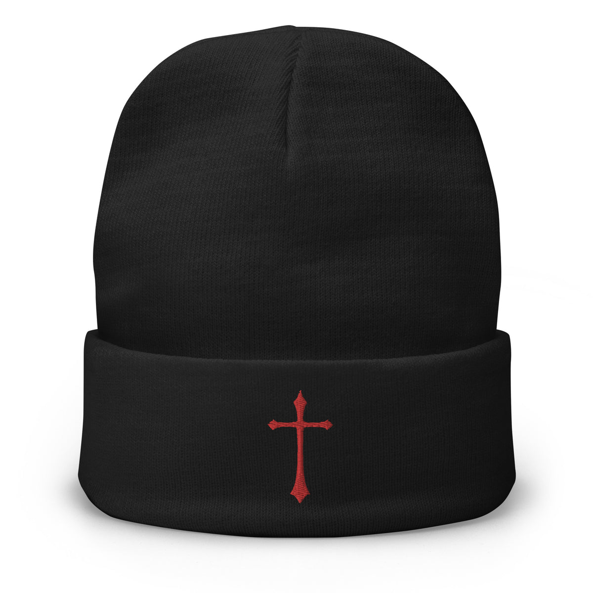 Black cuffed beanie with Red Ancient Medeival Cross embroidered artwork, front view