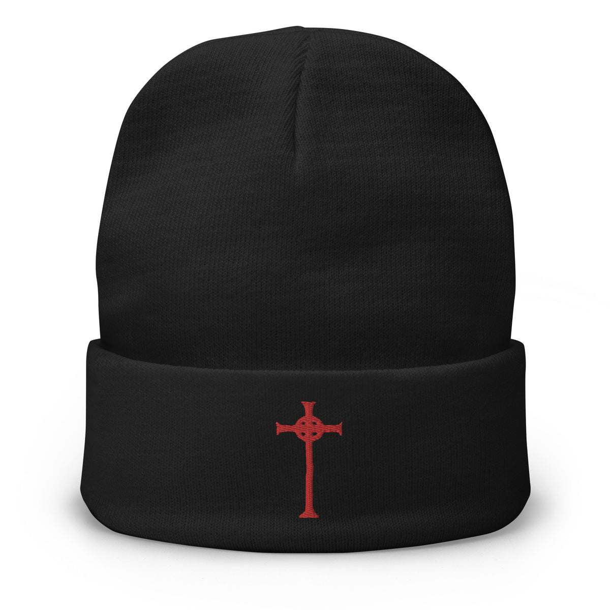 Black cuffed beanie with Vampire Hunter D Sign of the Cross embroidered artwork, front view