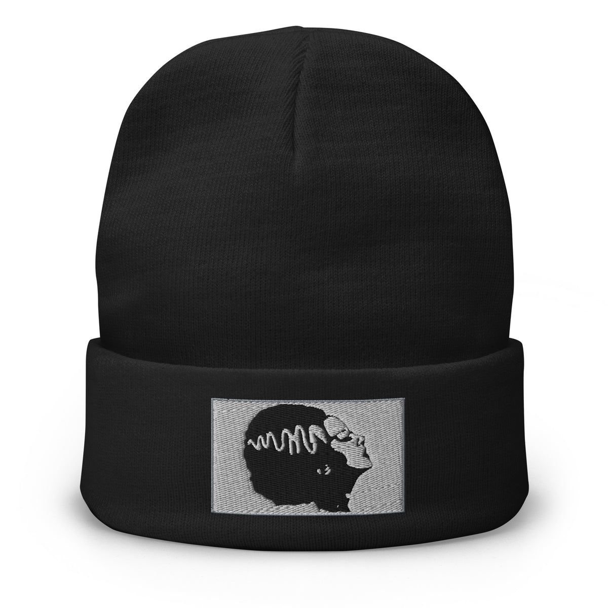 Black cuffed beanie with Monster Bride of Frankenstein embroidered artwork, front view