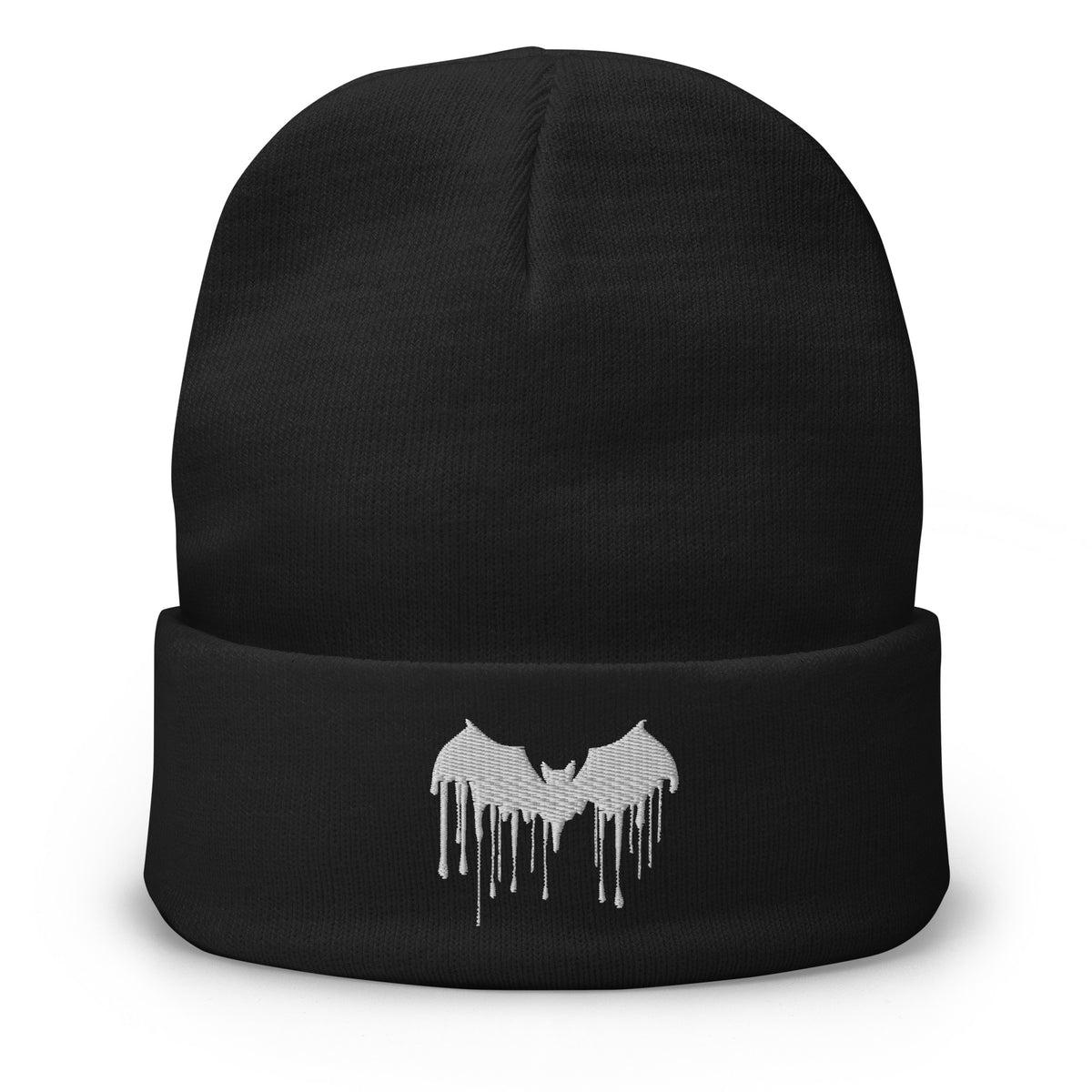 Black cuffed beanie with Vampire Bat Blood Drip embroidered artwork, front view