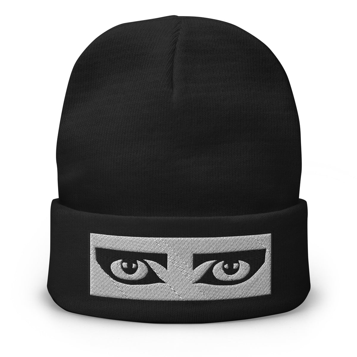 Black cuffed beanie with Eyes Siouxsie and the Banshees embroidered artwork, front view