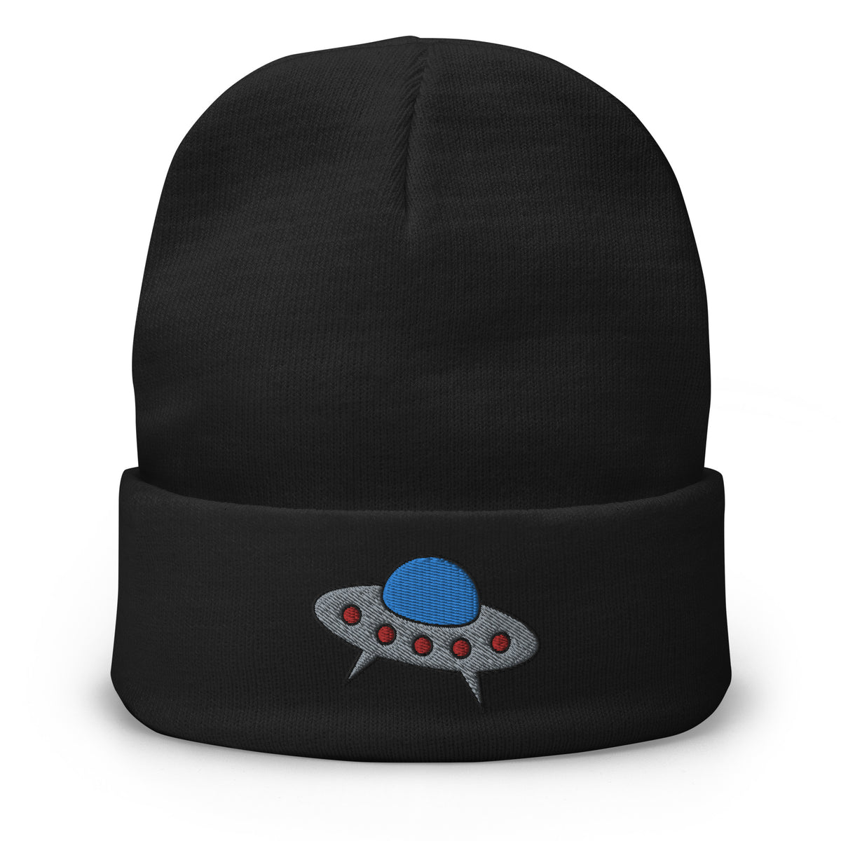Black cuffed beanie with Space Alien Ship UFO Flying Saucer embroidered artwork, front view
