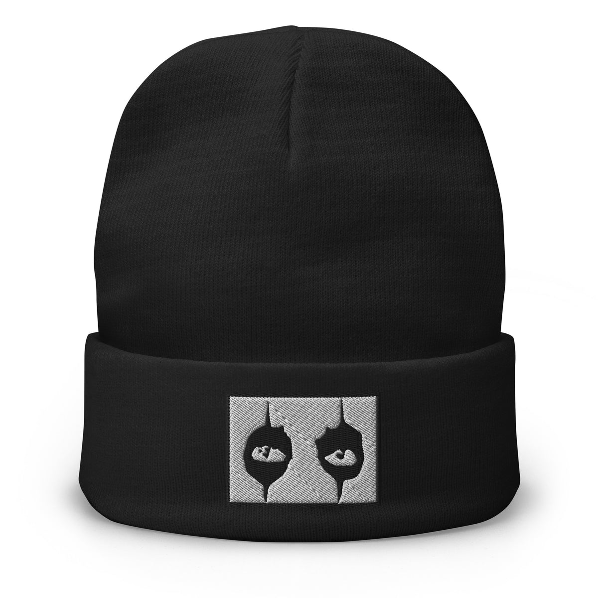 Black cuffed beanie with Black Eyeliner The Eyes of Alice Cooper embroidered artwork, front view