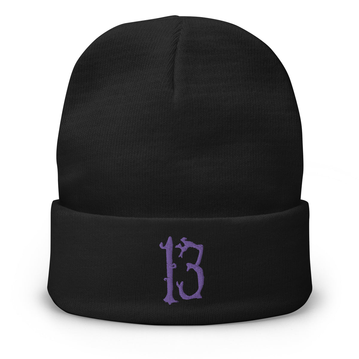 Black cuffed beanie with Lucky Number 13 # embroidered artwork, front view