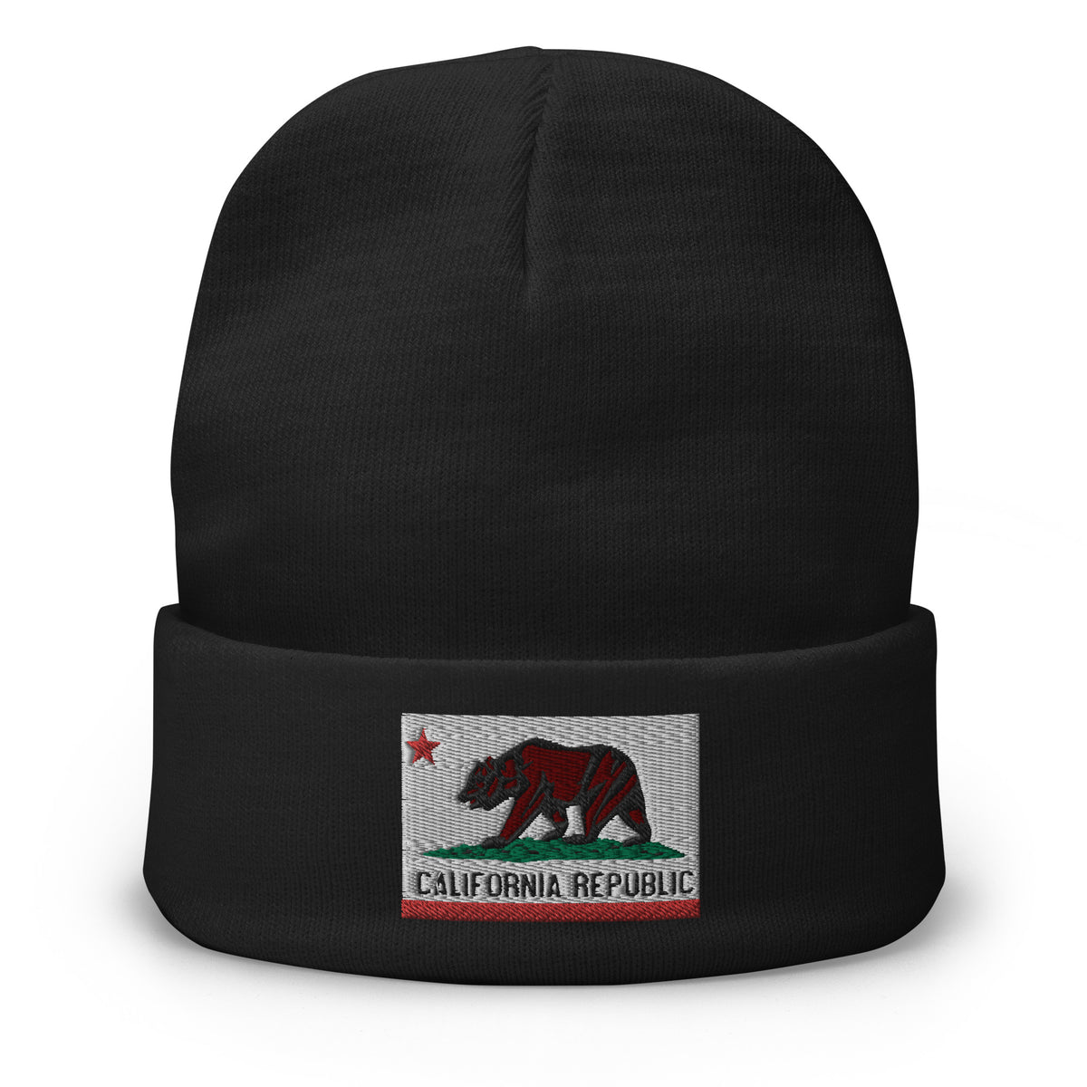 Black cuffed beanie with California U.S. State Flag embroidered artwork, front view