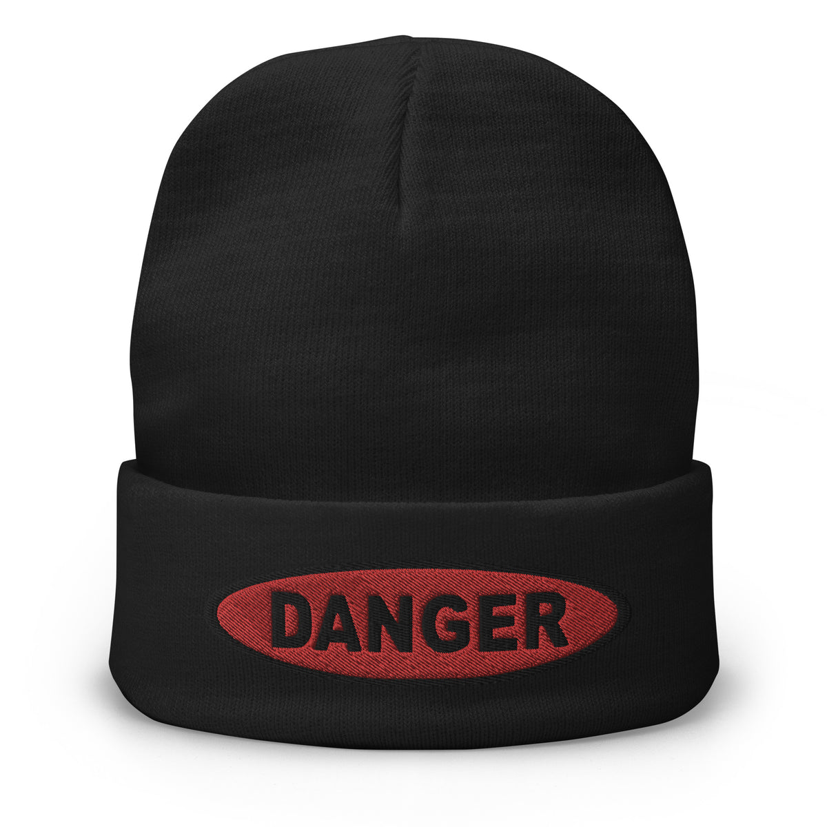 Black cuffed beanie with Danger Sign in Red embroidered artwork, front view