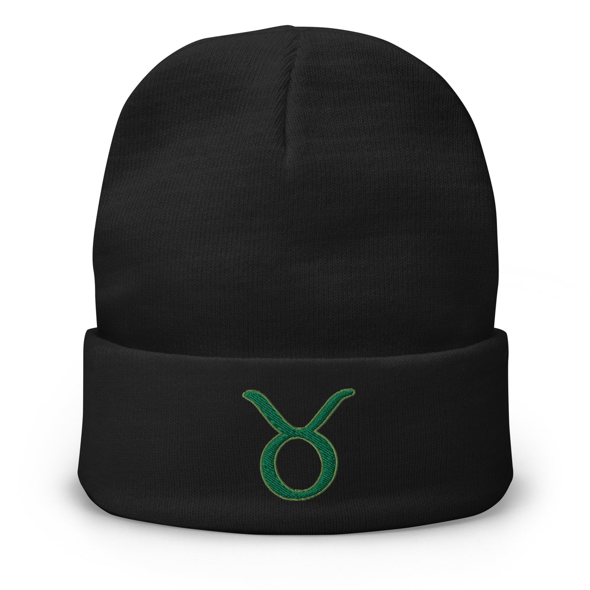 Black cuffed beanie with Zodiac Sign Taurus embroidered artwork, front view