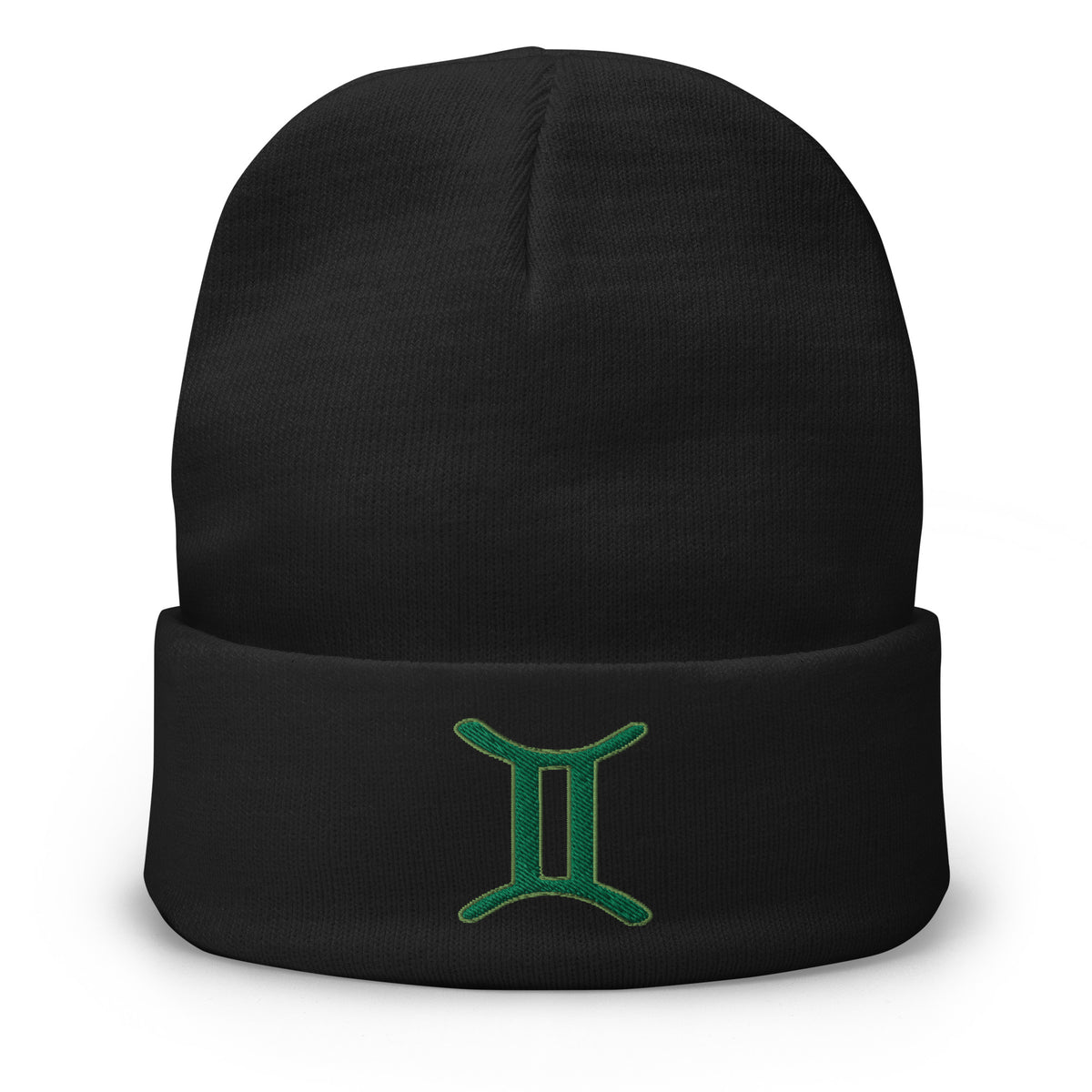 Black cuffed beanie with Zodiac Sign Gemini embroidered artwork, front view