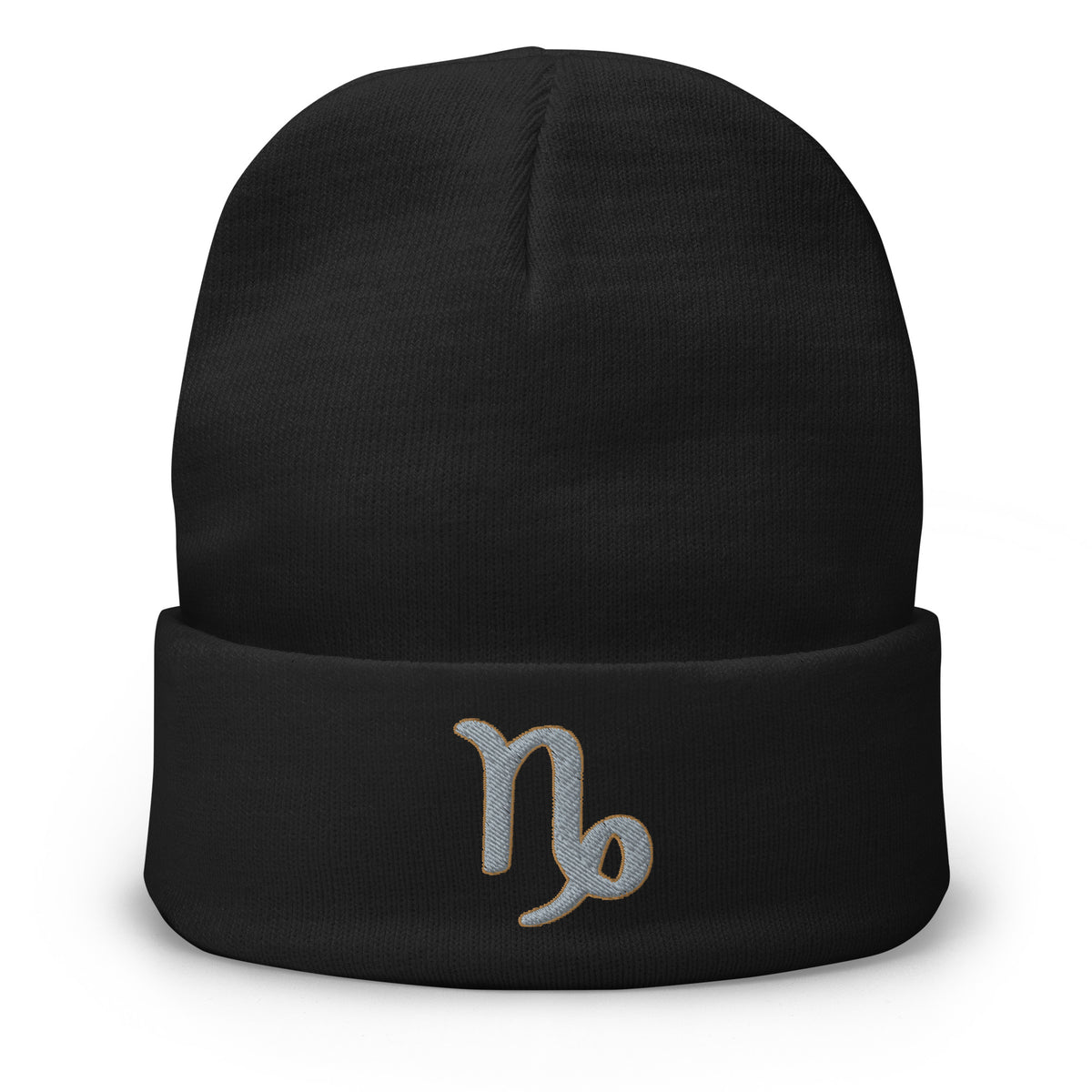 Black cuffed beanie with Zodiac Sign Capricorn embroidered artwork, front view