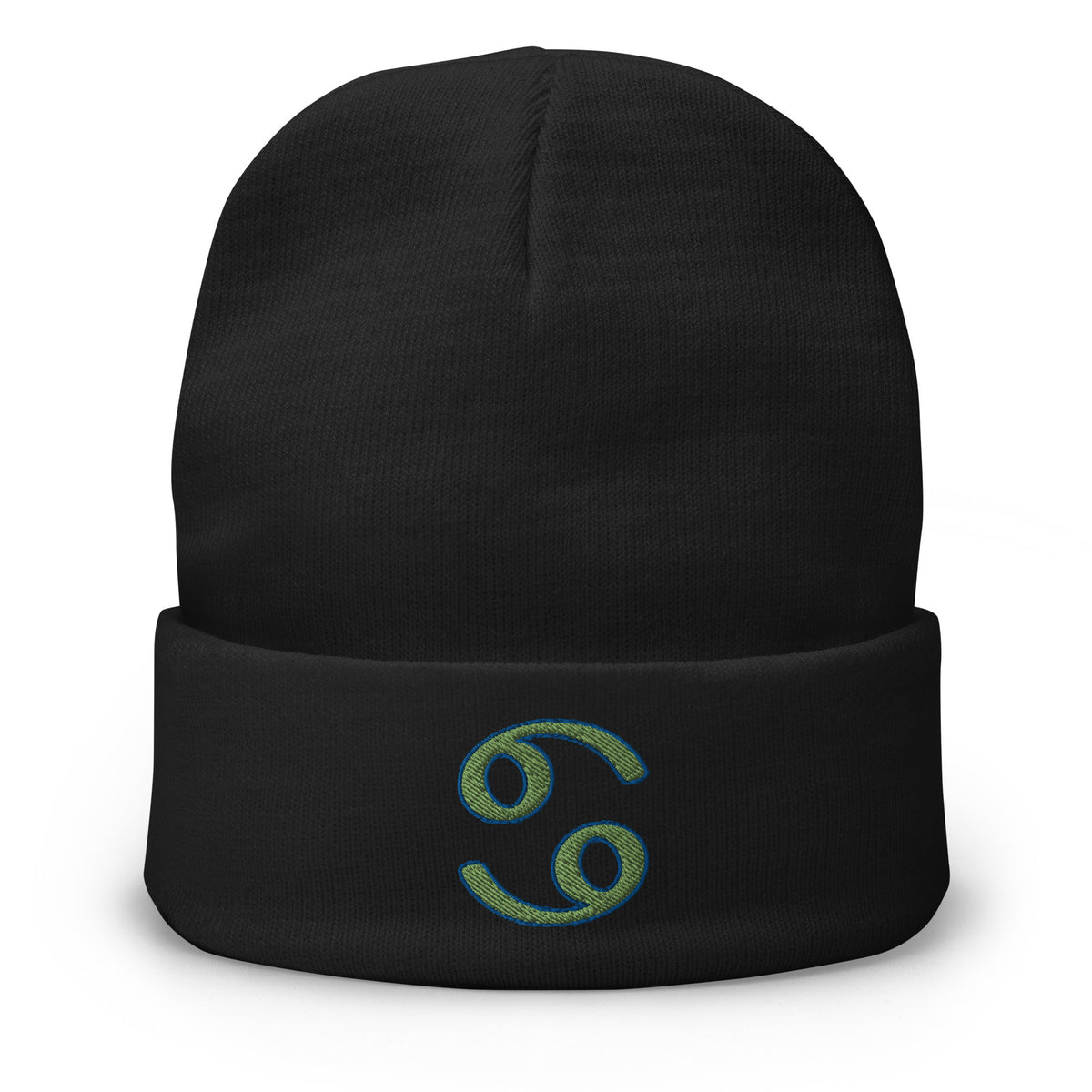 Black cuffed beanie with Zodiac Sign Cancer embroidered artwork, front view