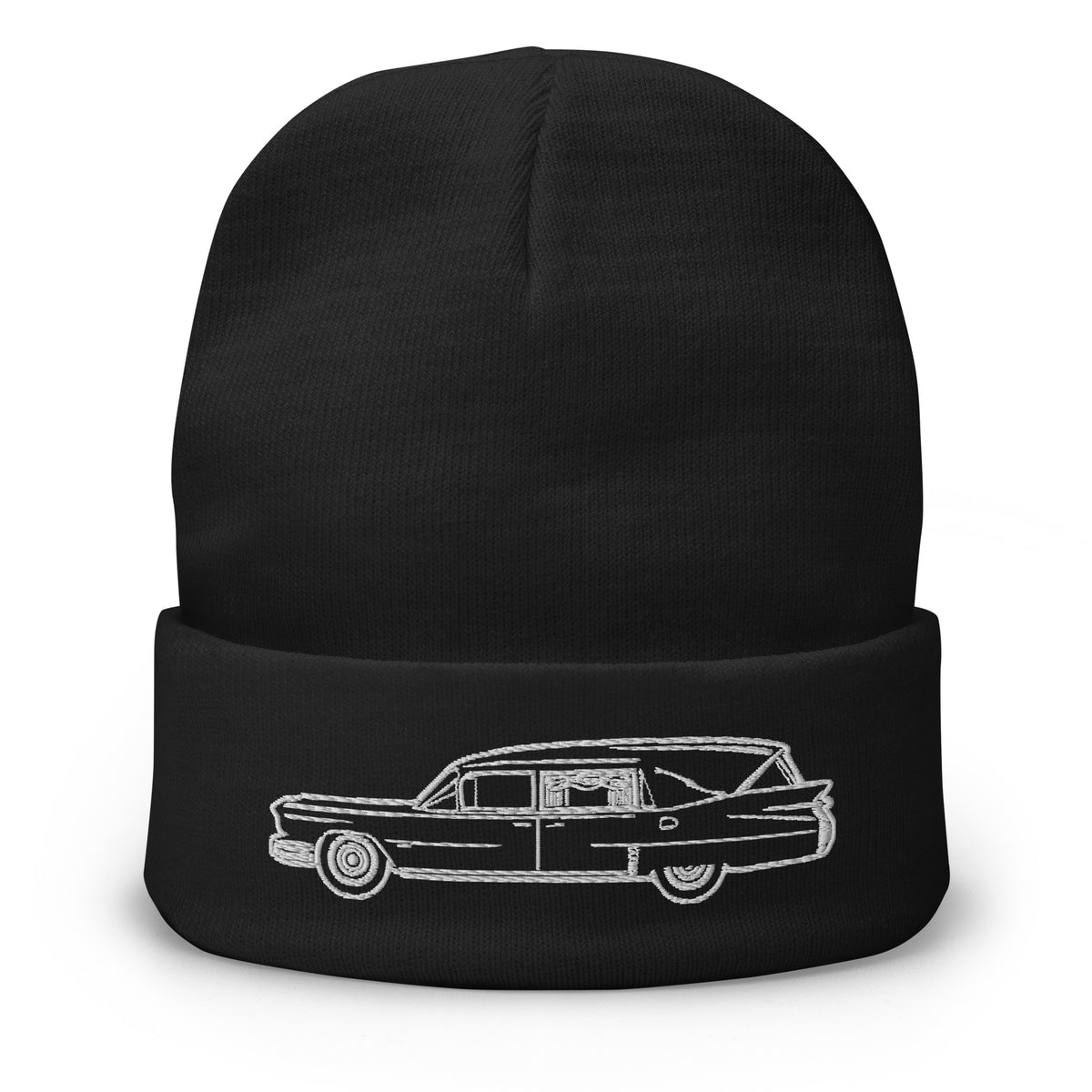 Black cuffed beanie with Hearse Funeral Car embroidered artwork, front view