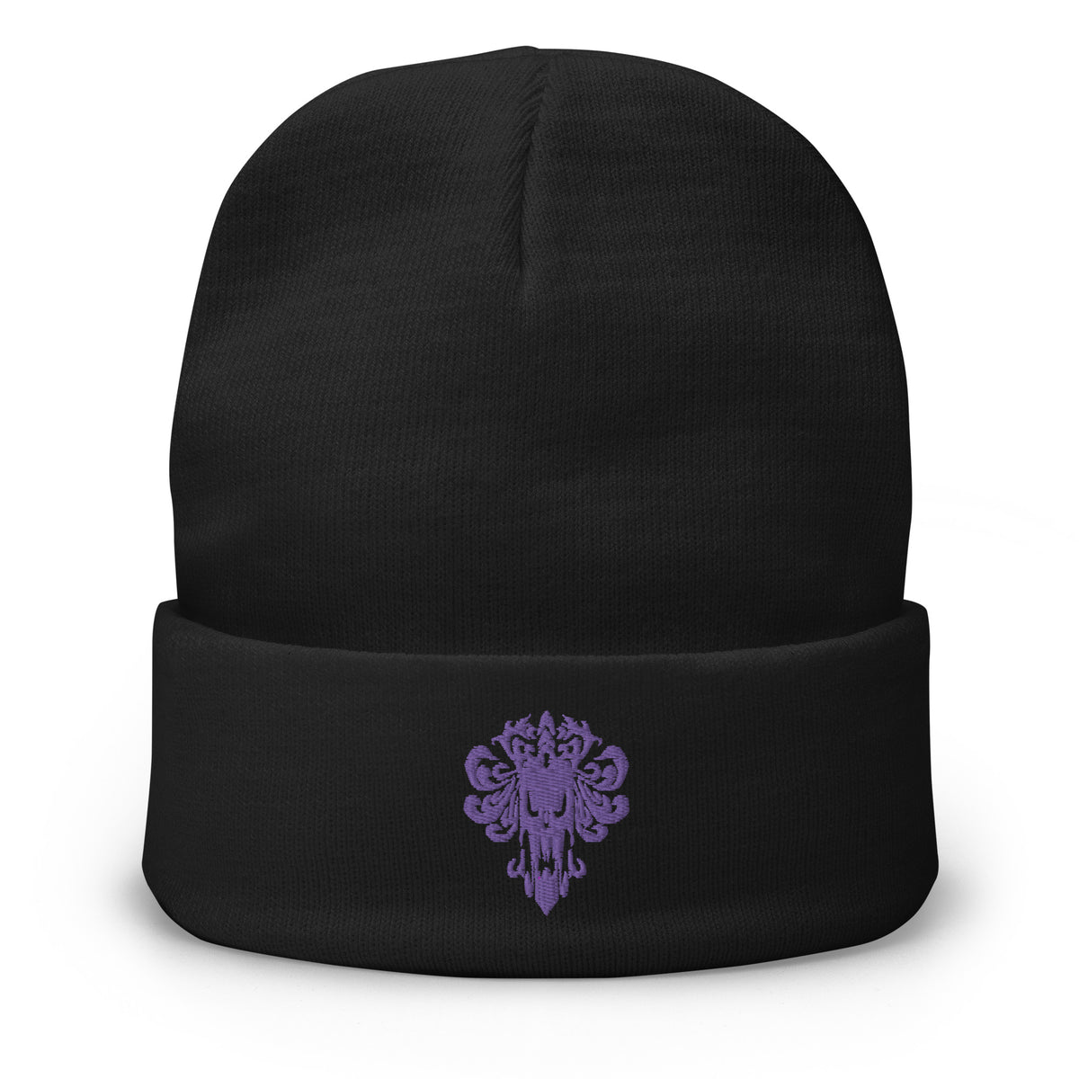 Black cuffed beanie with Haunted Mansion Demon Wallpaper embroidered artwork, front view