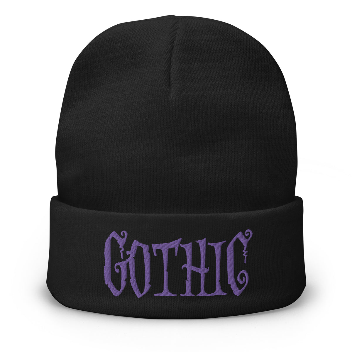 Black cuffed beanie with Dramatic embroidered artwork, front view