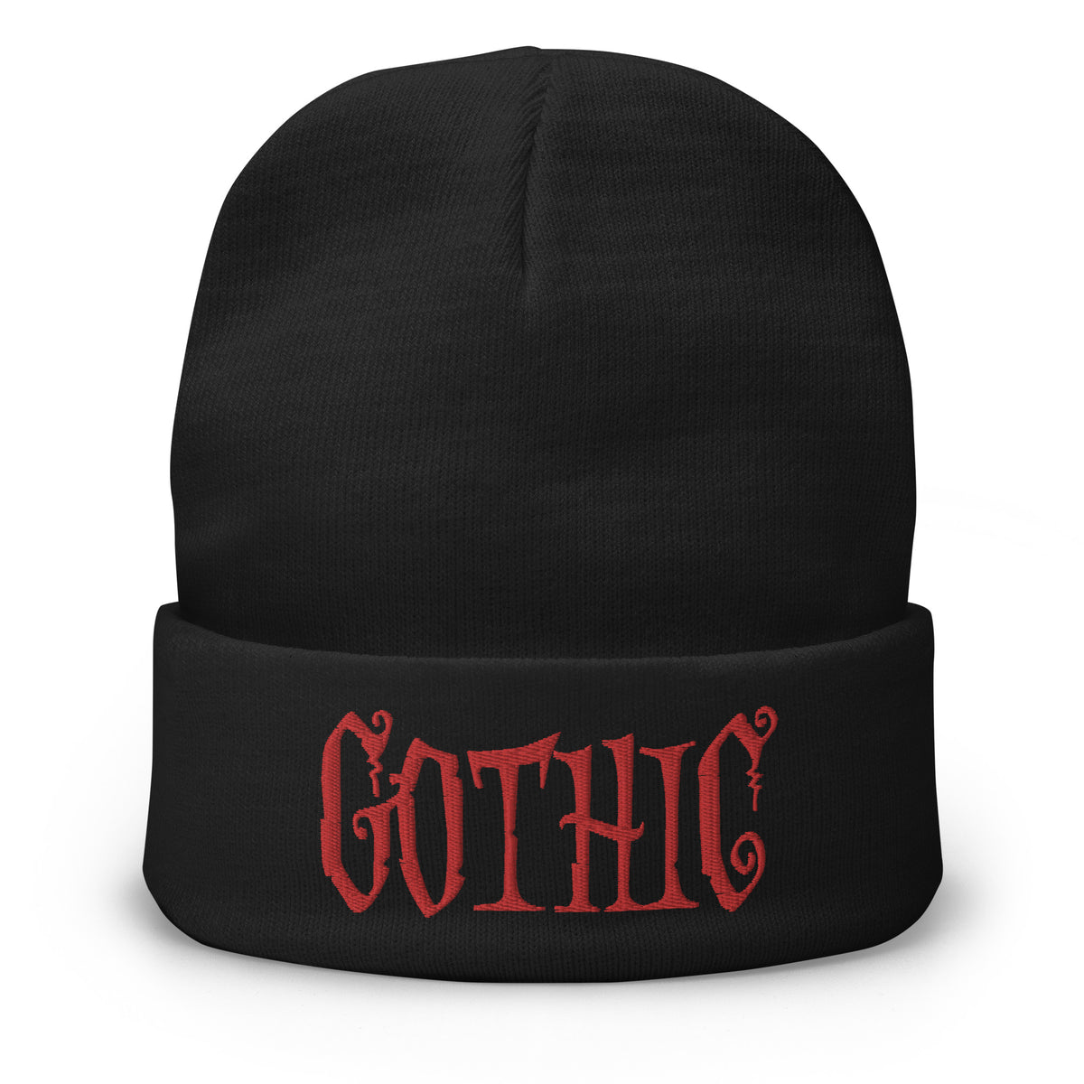 Black cuffed beanie with Dramatic embroidered artwork, front view