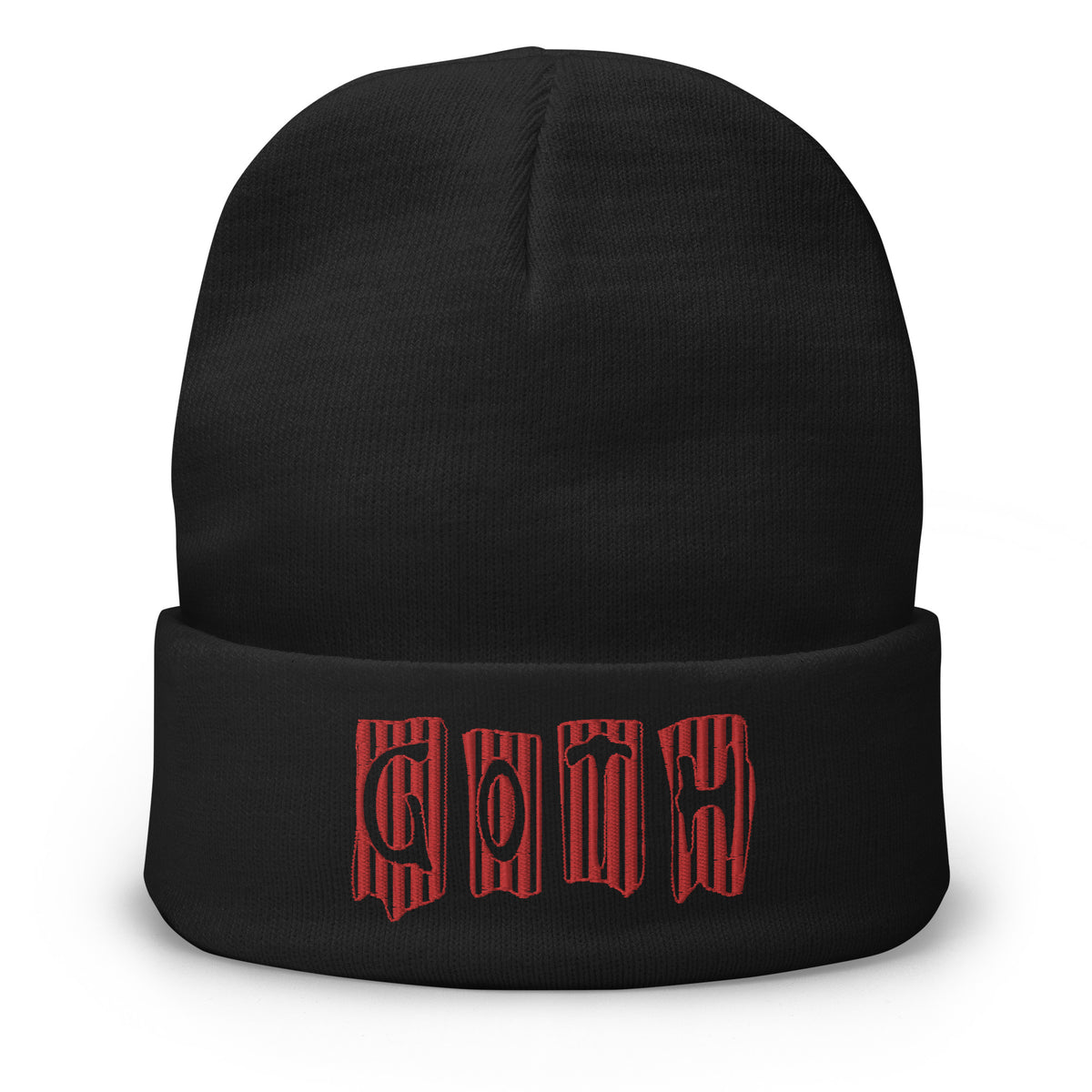 Black cuffed beanie with Black and Red Vertical Stripe embroidered artwork, front view