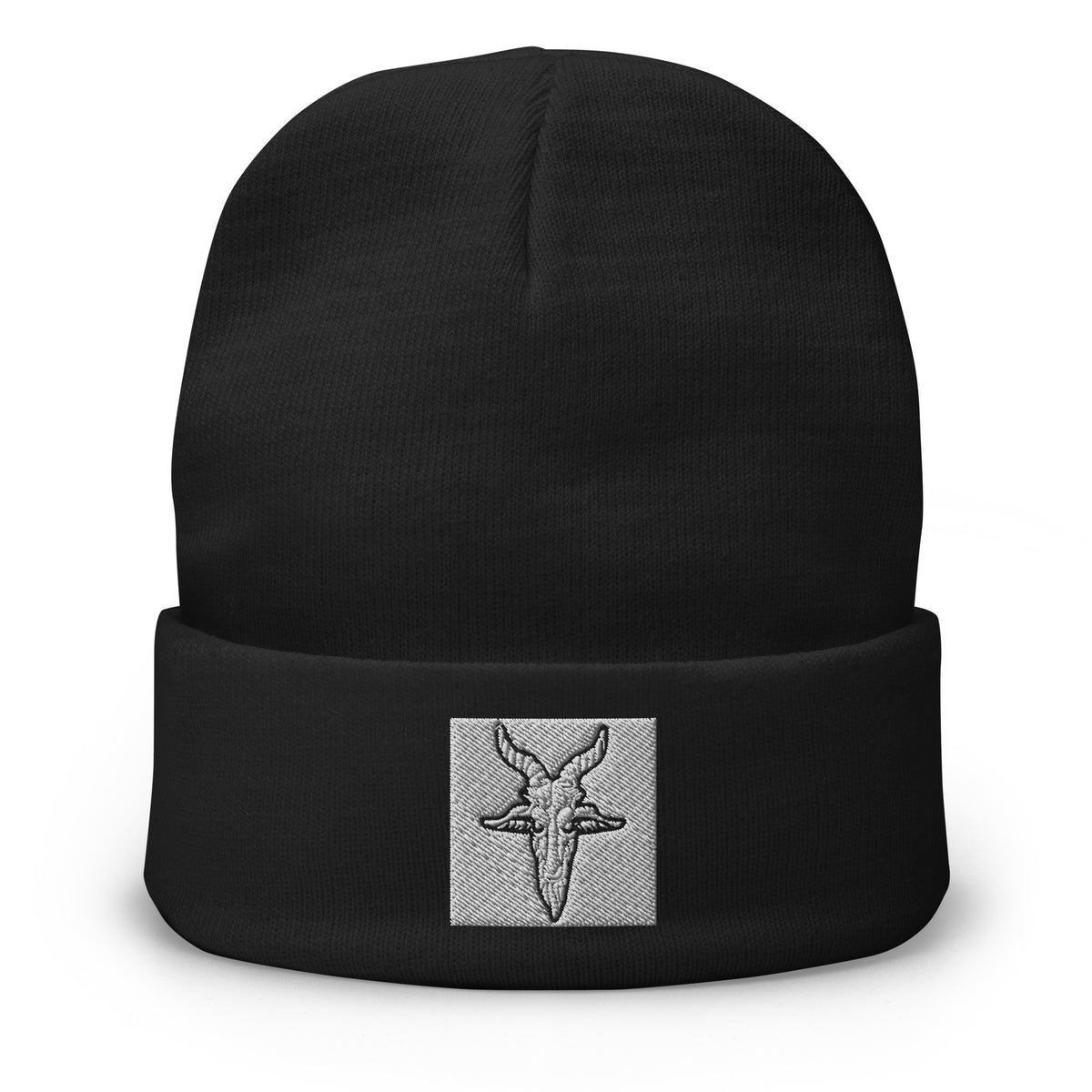 Black cuffed beanie with Evil Goat Head Baphomet embroidered artwork, front view