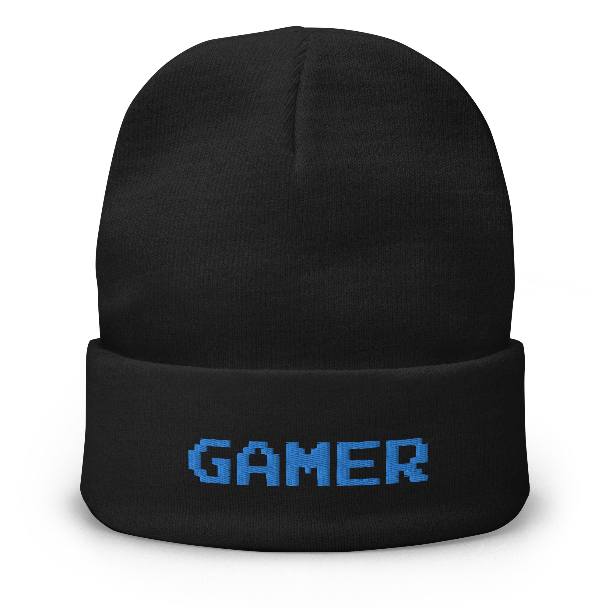 8 Bit Gamer Embroidered Cuff Beanie 80's Retro Style Gaming Blue Thread - Edge of Life Designs
