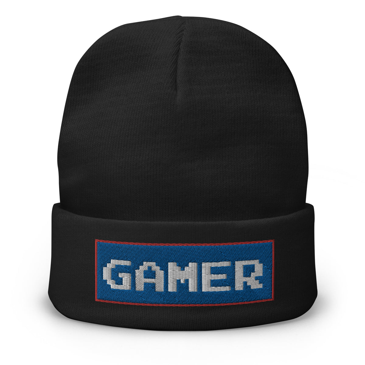 Black cuffed beanie with 8 Bit Gamer embroidered artwork, front view