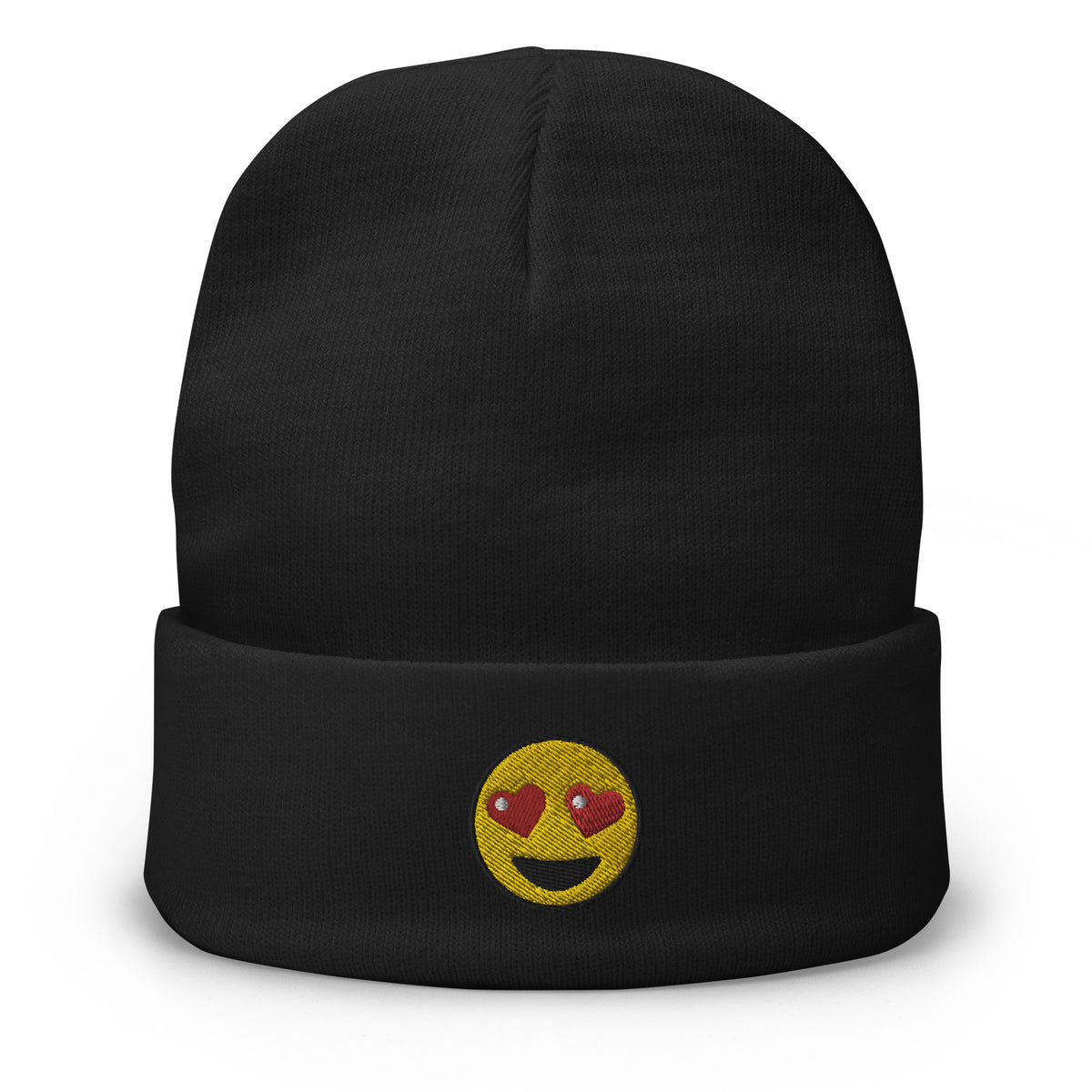 Black cuffed beanie with Heart-Eyes Emoji embroidered artwork, front view