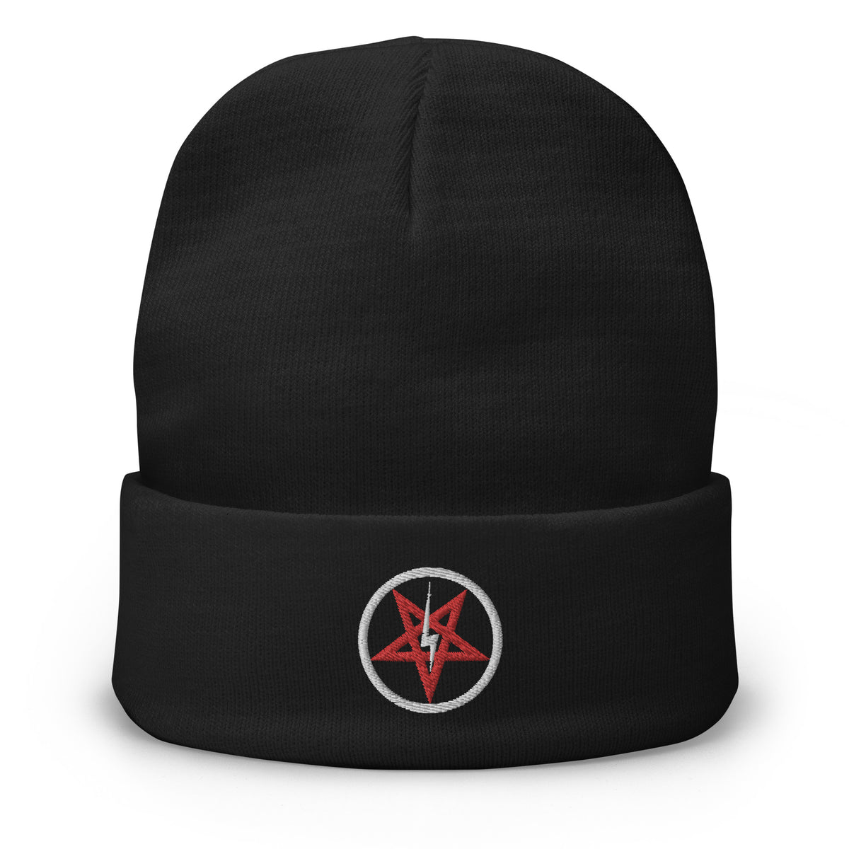 Black cuffed beanie with Lightning Bolt Inverted Pentagram embroidered artwork, front view